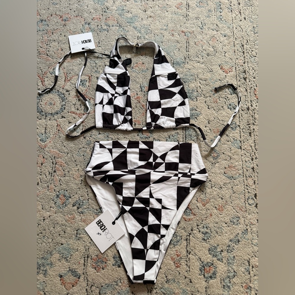 Beach Riot Black and White Geometric High-Waist Bikini